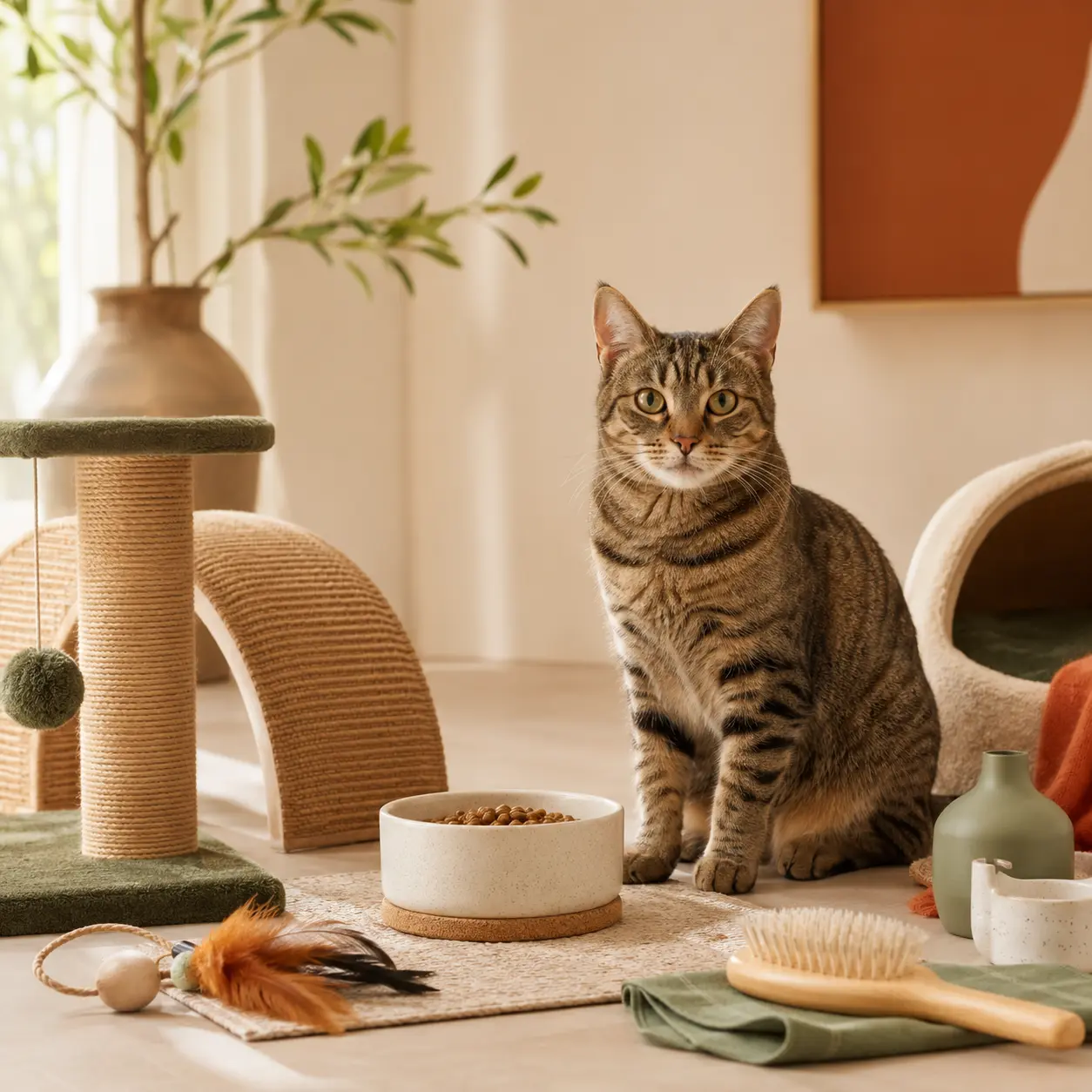 Cat supplies including a scratching post, food bowl, feather toy and grooming brush