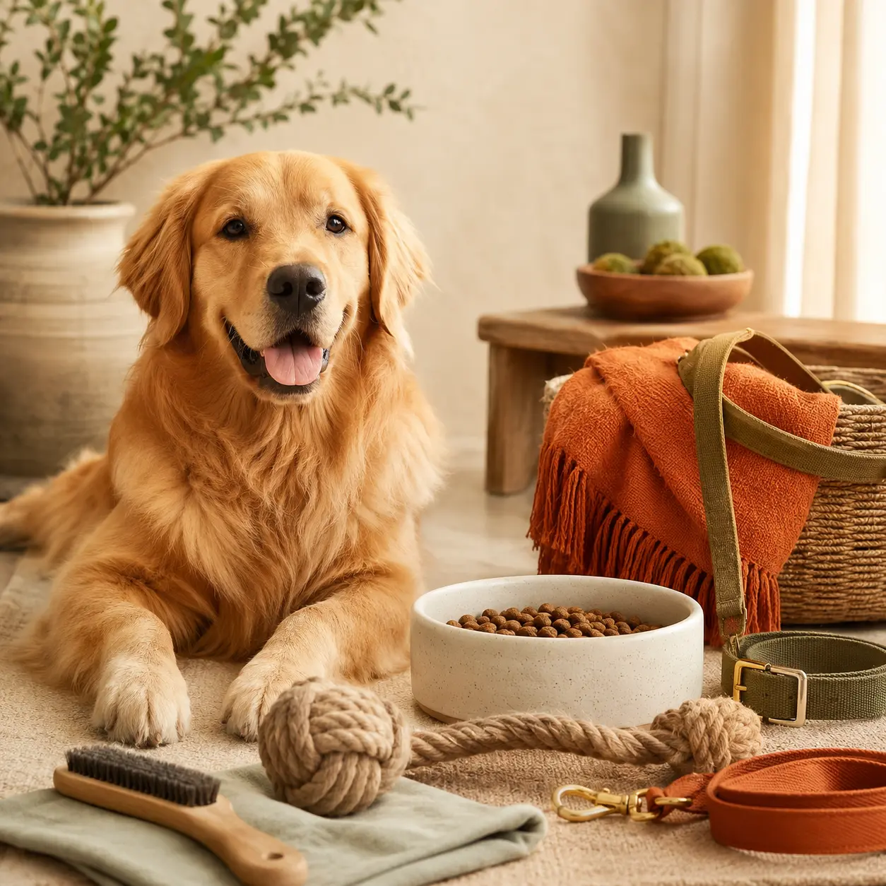 Dog supplies including a food bowl, rope toy, brush and walking accessories