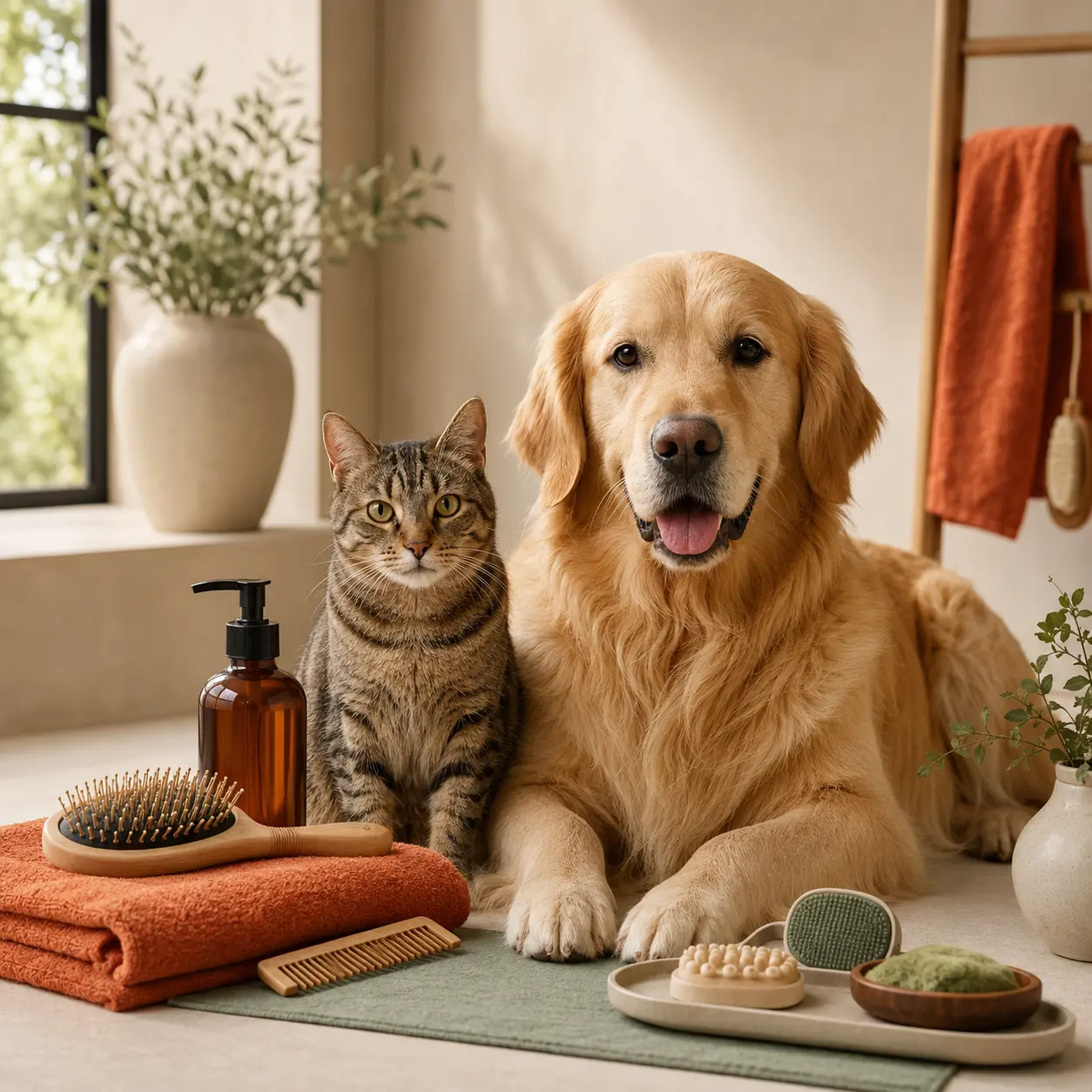 Dog and cat with pet grooming brushes, combs, towels and care accessories