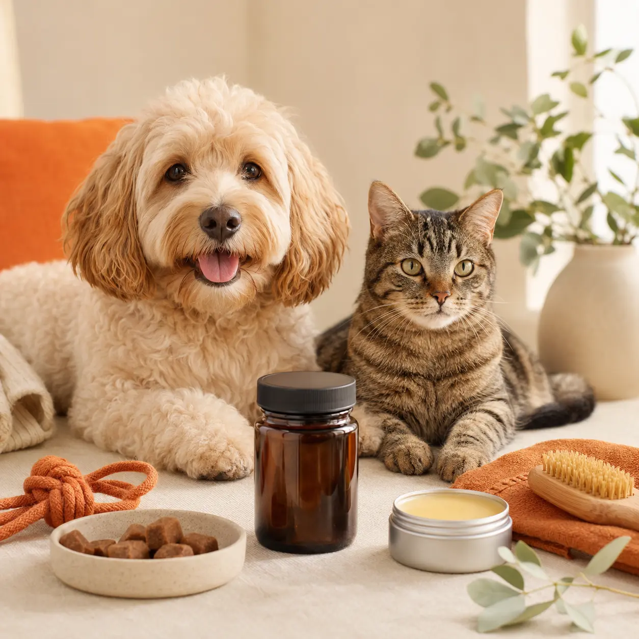 Dog and cat with pet wellness essentials, soft chews and paw care balm