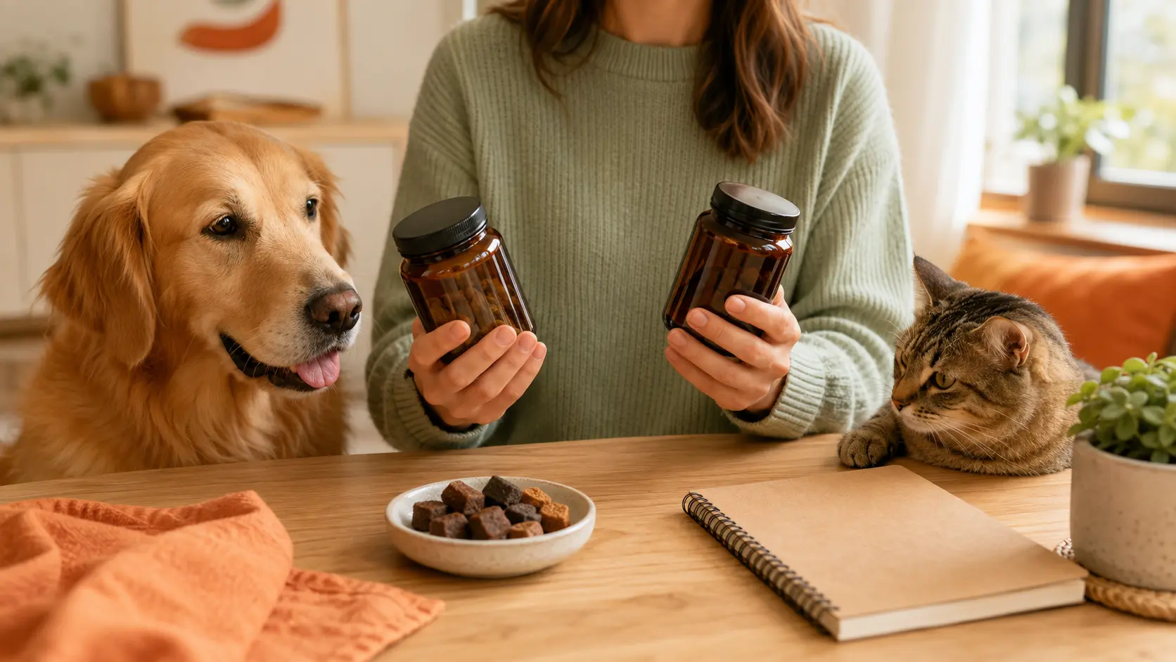 Pet parent comparing supplement jars beside a dog and cat