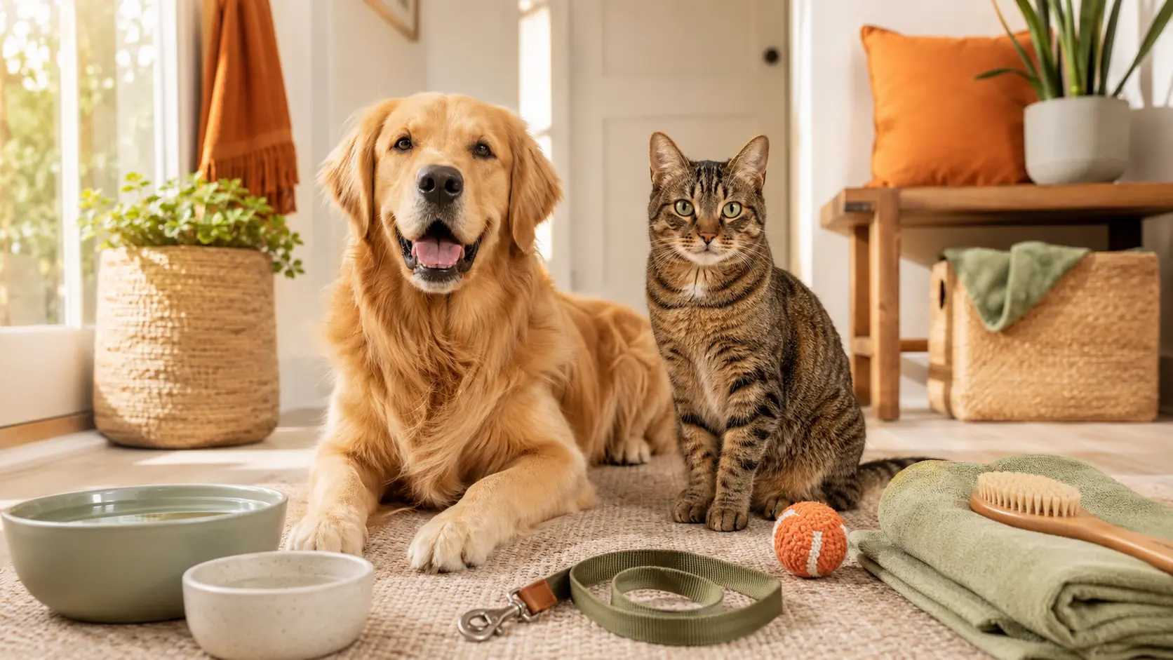 Golden retriever and tabby cat with daily pet care essentials at home