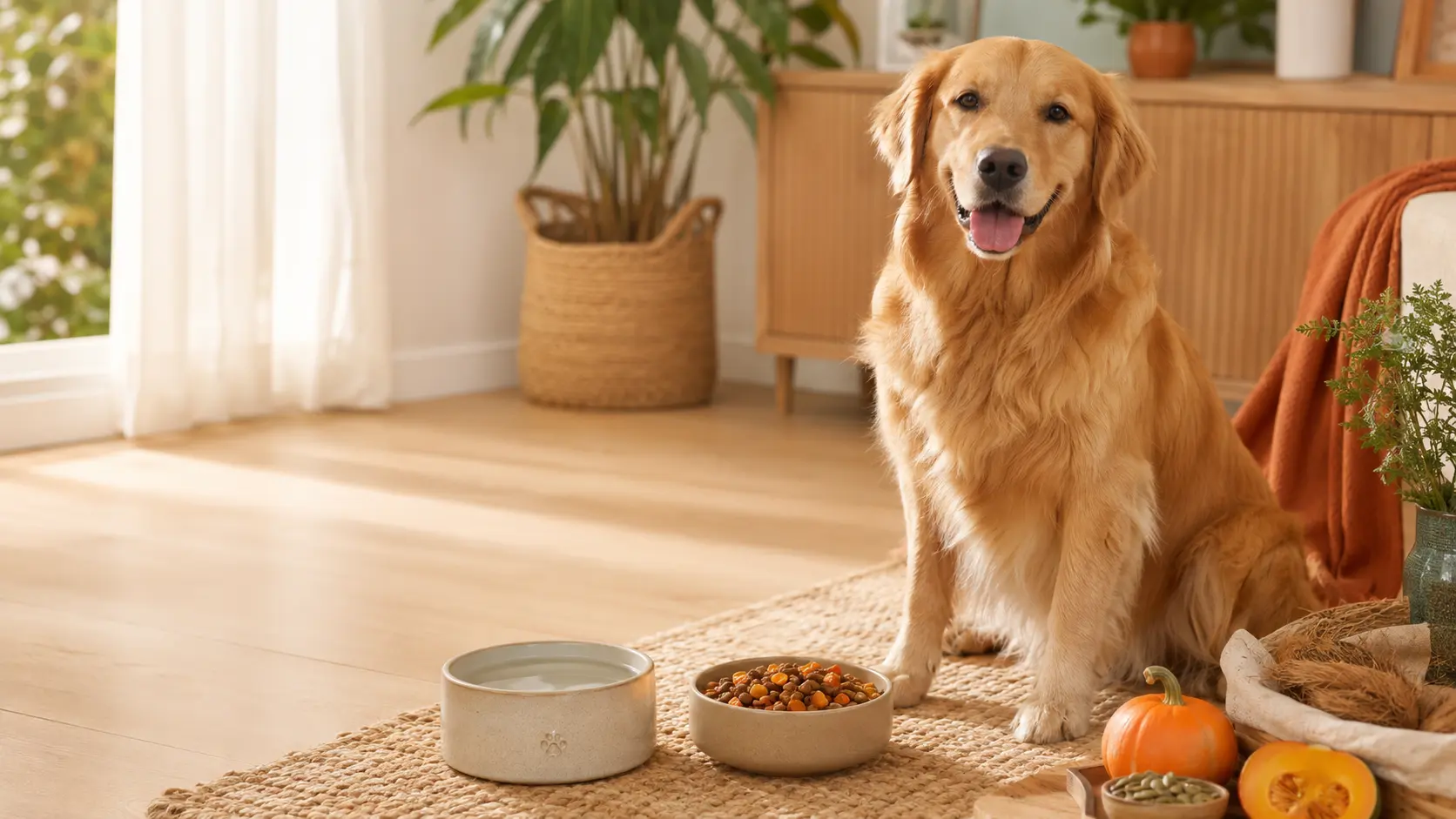 Golden retriever beside fresh water and balanced food in a warm home
