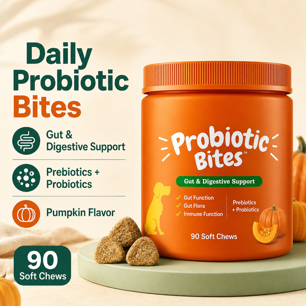 Dog Probiotic Bites with pumpkin flavor, 90 soft chews